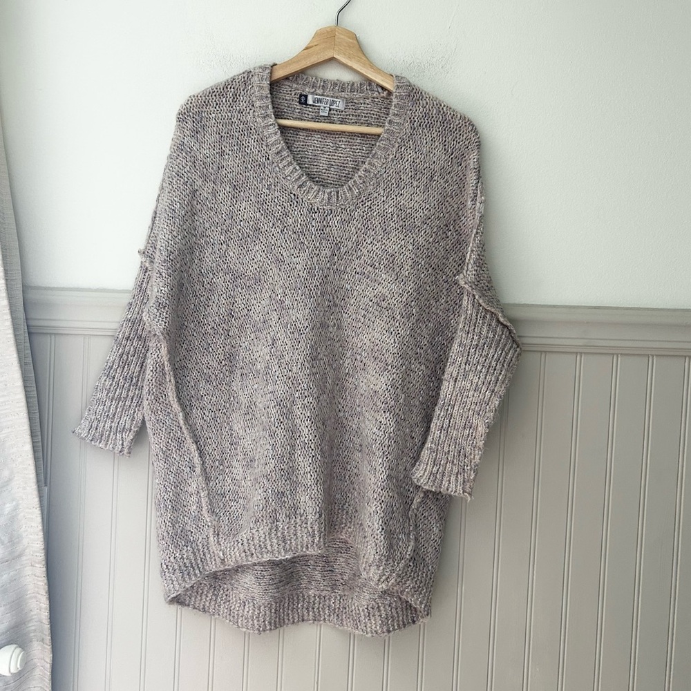 Jennifer Lopez Medium Marled Taupe Metallic V-Neck Knit Sweater Nylon Blend Top